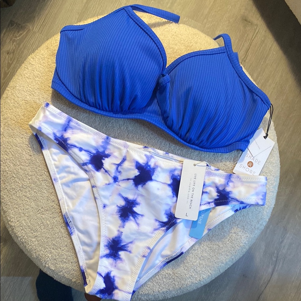 BNWT Shade & Shore Vibrant Blue Bikini Top w CUPSHE Tie Dyed Bottoms 34DD/ Large